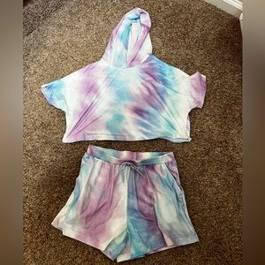 ⭐️EUC - Shein - Girls 11/12 Blue & Lavender Matching Short Outfit w/ Hooded Top